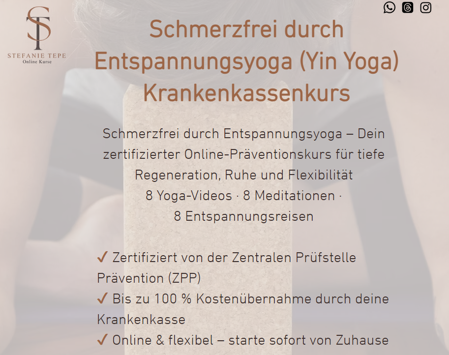 Ankündigung für einen zertifizierten Online-Kurs in Entspannungs-Yoga, der Kostenübernahme durch die Krankenkasse bietet.