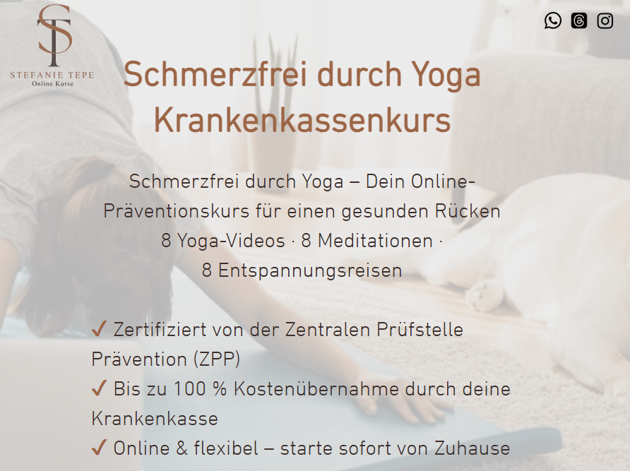 Promotional graphic for an online yoga course focusing on pain relief, featuring course highlights and benefits.