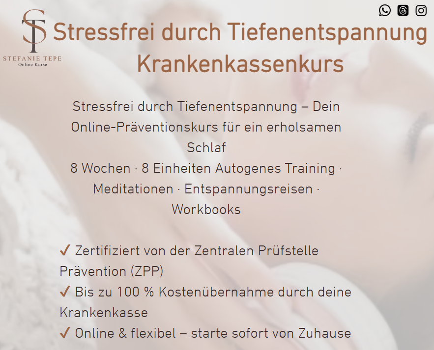 Promotional graphic for a stress management online course offering relaxation techniques, meditation, and workbook resources.