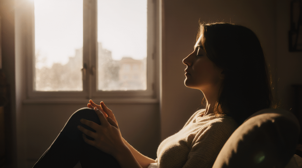 A side profile of a woman sitting in a cozy setting, bathed in soft sunlight, lost in thought while gazing out of a window.